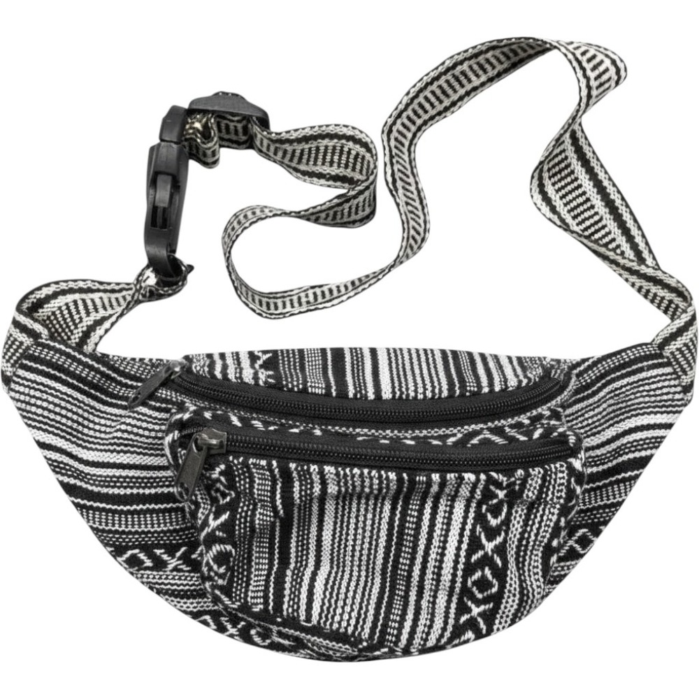 Nepal Woven Cotton Waist Pack Black White Tribal Geometric Boho Belt Bag